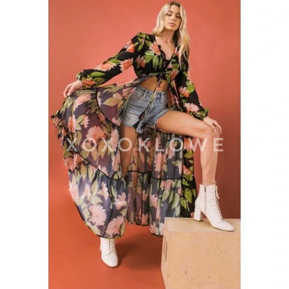 Flying Tomato Tropical Print Duster | Tie Waist Tiered Maxi Top - Picture 11 of 12